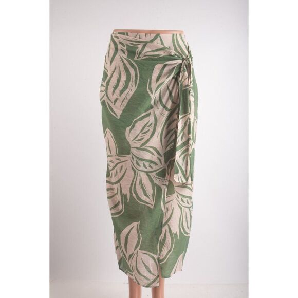Zara Womans Wrap Skirt Size M Green Beige Sarong Tropical floral 1971/093 NWT - Picture 1 of 7